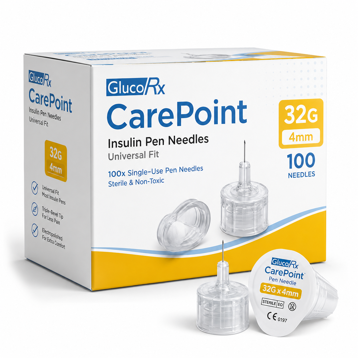 Glucorx Carepoint Pen Needles - 32g 4mm - Pack of 100
